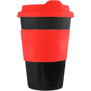 A reusable coffee cup in red and black with a ribbed sleeve and a lid, featuring branding.