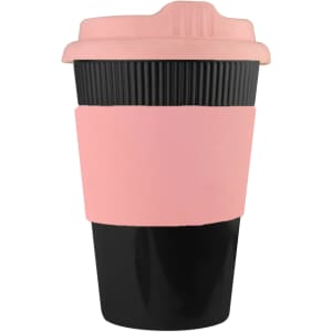 A drink bottle featuring a black base and a pink silicone sleeve and lid, with a logo on the side.