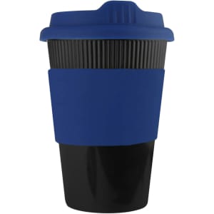 A reusable coffee cup in blue and black, featuring a silicone grip and a lid, with a logo.