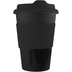 A drink bottle in a sleek black design with a textured sleeve and lid, featuring a logo.