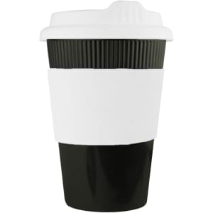 A drink bottle in black and white, featuring a ribbed sleeve and a lid, suitable for reusable coffee.