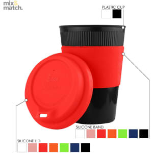 A drink bottle featuring a black plastic cup with a red silicone band and lid, displaying branding elements.