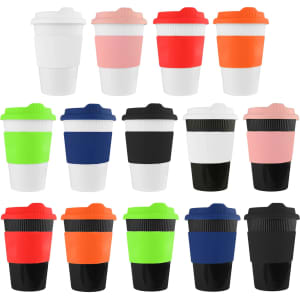 A collection of reusable coffee cups in various colours, featuring silicone bands and lids, with branding visible.