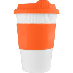 A drink bottle featuring a white body with an orange lid and grip, designed as a reusable coffee cup.