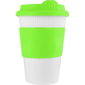 A reusable coffee cup in bright green and white, featuring a textured grip and a lid, with branding.