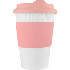 A drink bottle featuring a white body with a pink lid and silicone sleeve, branded as a reusable coffee cup.