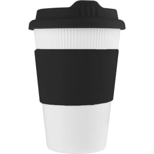 A drink bottle featuring a white body and a black silicone sleeve and lid, with a ridged design and a logo.