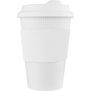 A white reusable coffee cup with a ribbed sleeve and lid, featuring a logo.