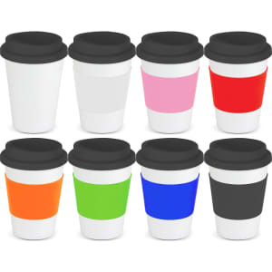 A collection of eight reusable coffee cups in white, pink, red, orange, green, blue, and black, featuring black lids and grips.
