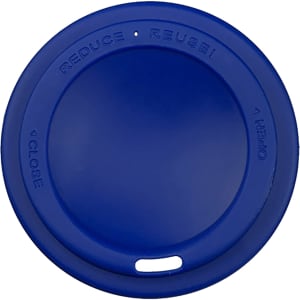 A drink lid in blue, designed for a reusable coffee cup, featuring an opening and a small hole.