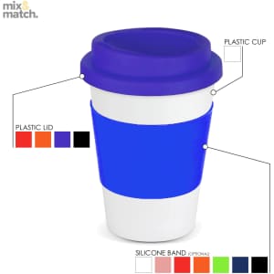 A drink bottle featuring a white plastic cup with a blue silicone band and a purple plastic lid. It has a logo.