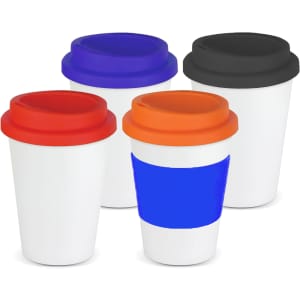 A collection of four reusable coffee cups in various colours: purple, black, red, and orange, with white bodies.