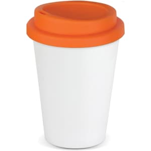 A drink bottle featuring a white body and an orange lid, designed as a reusable coffee cup.