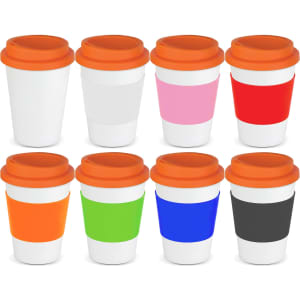 A collection of eight reusable coffee cups in white, pink, red, green, blue, and black, each with orange lids and sleeves.
