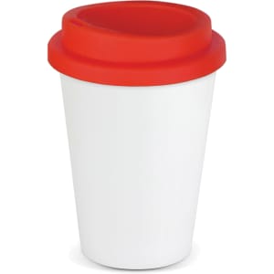 A reusable coffee cup featuring a white body and a red silicone lid, complete with branding.
