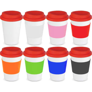 A drink cup collection featuring eight reusable coffee cups in various colours with red lids and silicone sleeves.