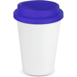 A reusable coffee cup featuring a white body and a purple silicone lid. It includes a logo.