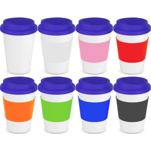 A drink bottle set featuring eight reusable coffee cups in white, pink, red, orange, green, blue, purple, and black with blue lids.