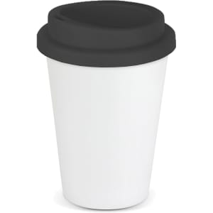 A reusable coffee cup in white with a black lid, featuring a logo. Suitable for hot beverages.