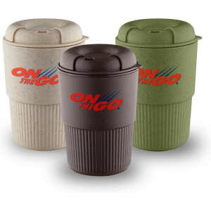 A drink bottle trio in cream, brown, and green, featuring ribbed bases and a logo on the front.