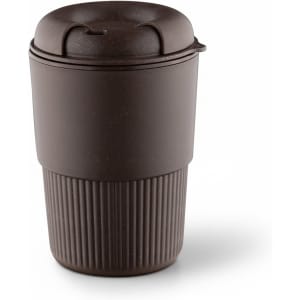 A drink bottle in a dark brown colour with a ribbed design and a secure lid. Features a branding logo.