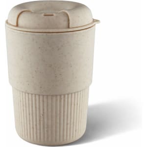 A drink bottle in a beige eco-friendly material with a ribbed base and a lid, featuring a logo.