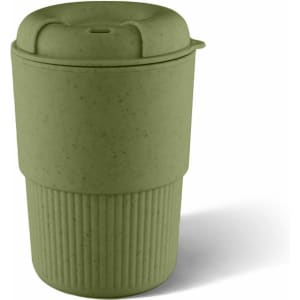 A drink bottle in a muted green colour with a textured ribbed base and a lid, featuring a logo.
