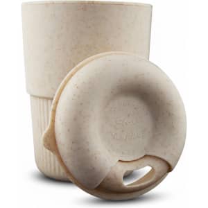 A drink bottle and lid in a speckled off-white colour, featuring a textured grip and a logo.