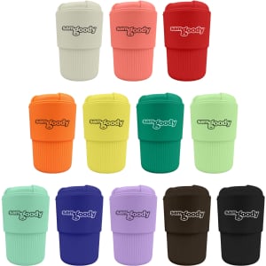 A drink bottle collection featuring reusable coffee cups in various colours, each with a logo.