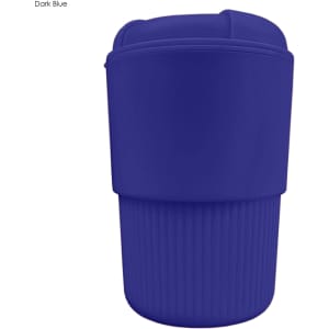 A drink bottle in dark blue with a ribbed design and a smooth lid, featuring a branding logo.