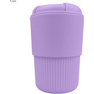 A reusable coffee cup in a soft purple colour with a ribbed texture and a lid. It features a logo.