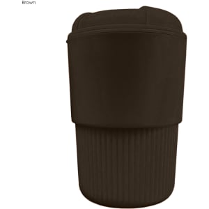 A drink bottle in brown with a ribbed exterior and a logo on its surface. Reusable coffee cup design.