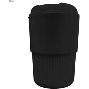 A drink bottle featuring a sleek black design with ribbed texture and a lid. It includes a logo.