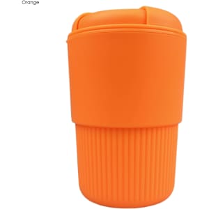 An orange reusable coffee cup with a ribbed design and a lid, featuring a logo.
