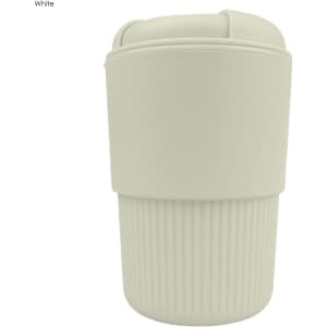 A reusable coffee cup in white with a textured grip and a lid. Features a branding logo.