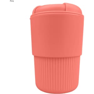 A reusable coffee cup in pink with a textured grip and a curved lid. It features a branding logo.