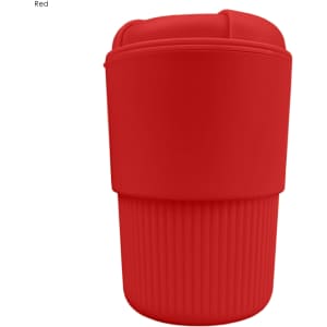 A red reusable coffee cup with ribbed detail and a matching lid. It features a logo on the surface.