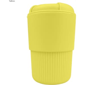 A drink bottle in bright yellow with a ribbed texture and a secure lid, featuring a logo.