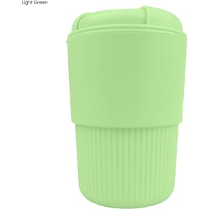 A light green reusable coffee cup with a ribbed silicone sleeve and a secure lid, featuring a logo.