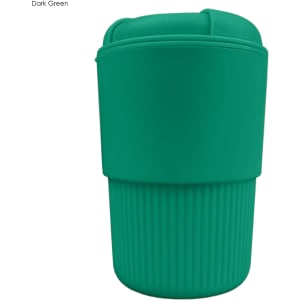 A drink bottle in dark green with a ribbed grip and a secure lid, featuring a logo.