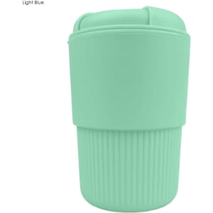 A drink bottle in light blue with a ribbed design and a secure lid, featuring a logo on the surface.