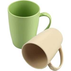 A drink mug set featuring a light green and a beige bamboo mug, both with handles, and a logo.