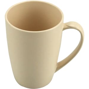 A bamboo mug in a beige colour with a smooth surface and a comfortable handle. It features a subtle logo.