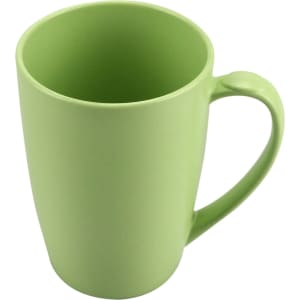A green bamboo mug with a smooth finish and a sturdy handle, featuring a logo on the side.