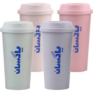 A set of four reusable coffee cups in pale green, lavender, light pink, and pastel pink, each with a logo.