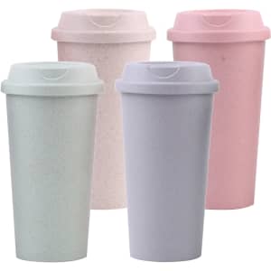 A set of four reusable bamboo coffee cups in soft pink, light purple, mint green, and pale beige, each with a matching lid.