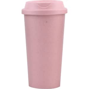A reusable coffee cup in soft pink with a matching lid and a logo feature.