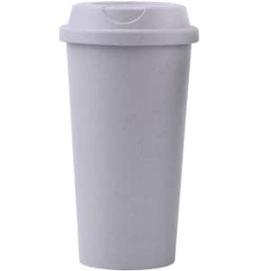 A reusable coffee cup in light grey with a fitted lid. It features a branding logo on the side.