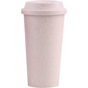 A reusable coffee cup in a light pink hue, featuring a lid and a subtle speckled texture. It has a logo.