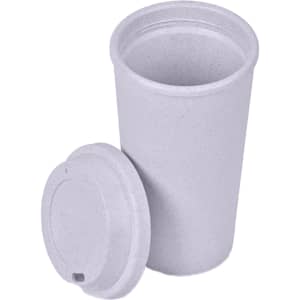 A reusable bamboo coffee cup in light grey with a matching lid, featuring a logo on the side.